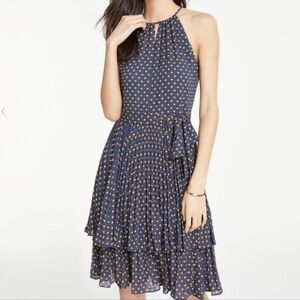 L - Yellow Polka Dot On Navy Blue Layered Flowy Dress With Tie Belt
